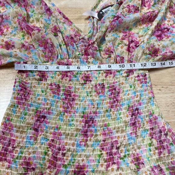 ByTiMo NWT Floral Smocked Chiffon Mini Dress Summer Flowers Size M Deep V-Neck - Picture 6 of 13